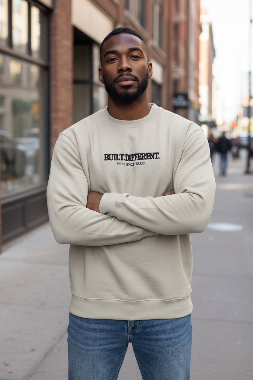 BUILT.DIFFERENT – Premium Heavyweight Stone Sweatshirt (440gsm Drop)