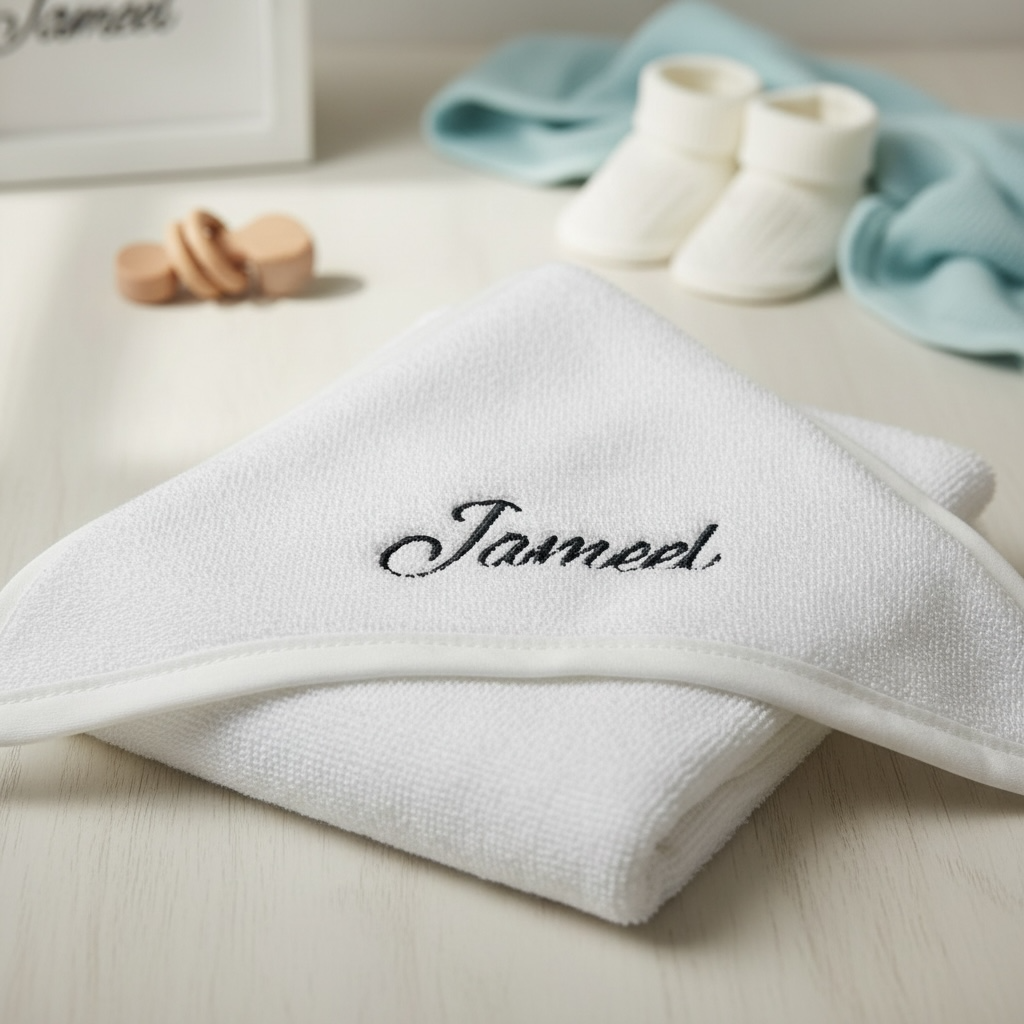 Personalised White Hooded Baby Towel – Embroidered Name